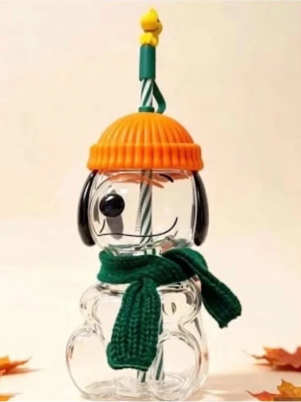 Starbucks Peanuts Snoopy Glass Cold Cup with Orange Hat & Green Scarf